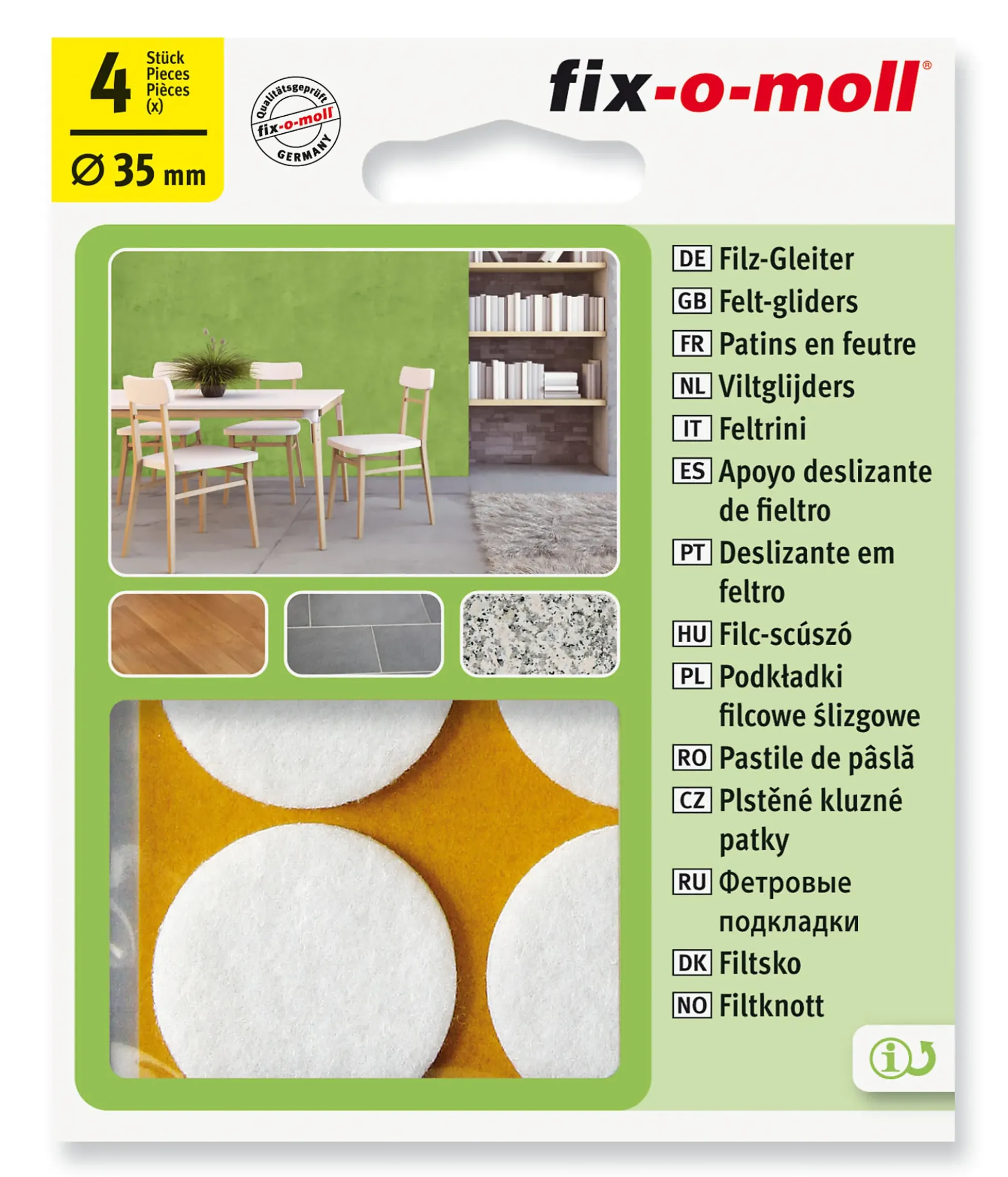FILT TIL STOL&BORD Ø35MM HVIT 4STK FIX-O-MOLL