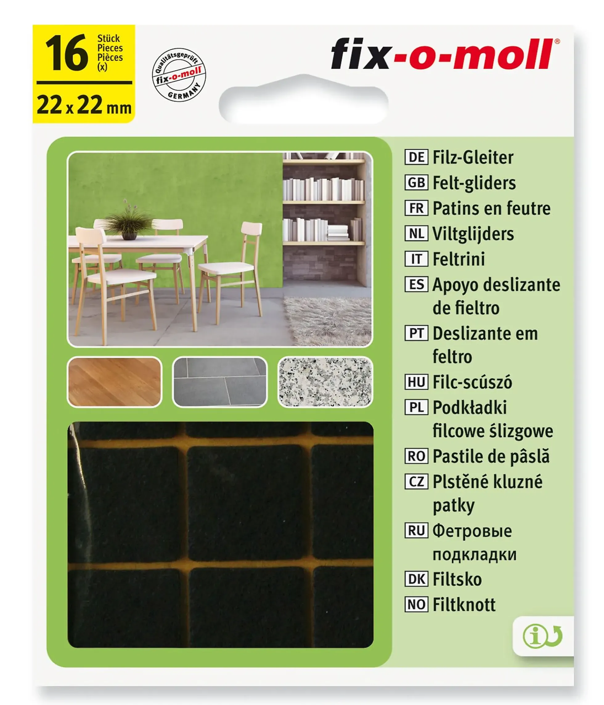 FILT TIL STOL&BORD 22X22MM BRUN 16STK FIX-O-MOL