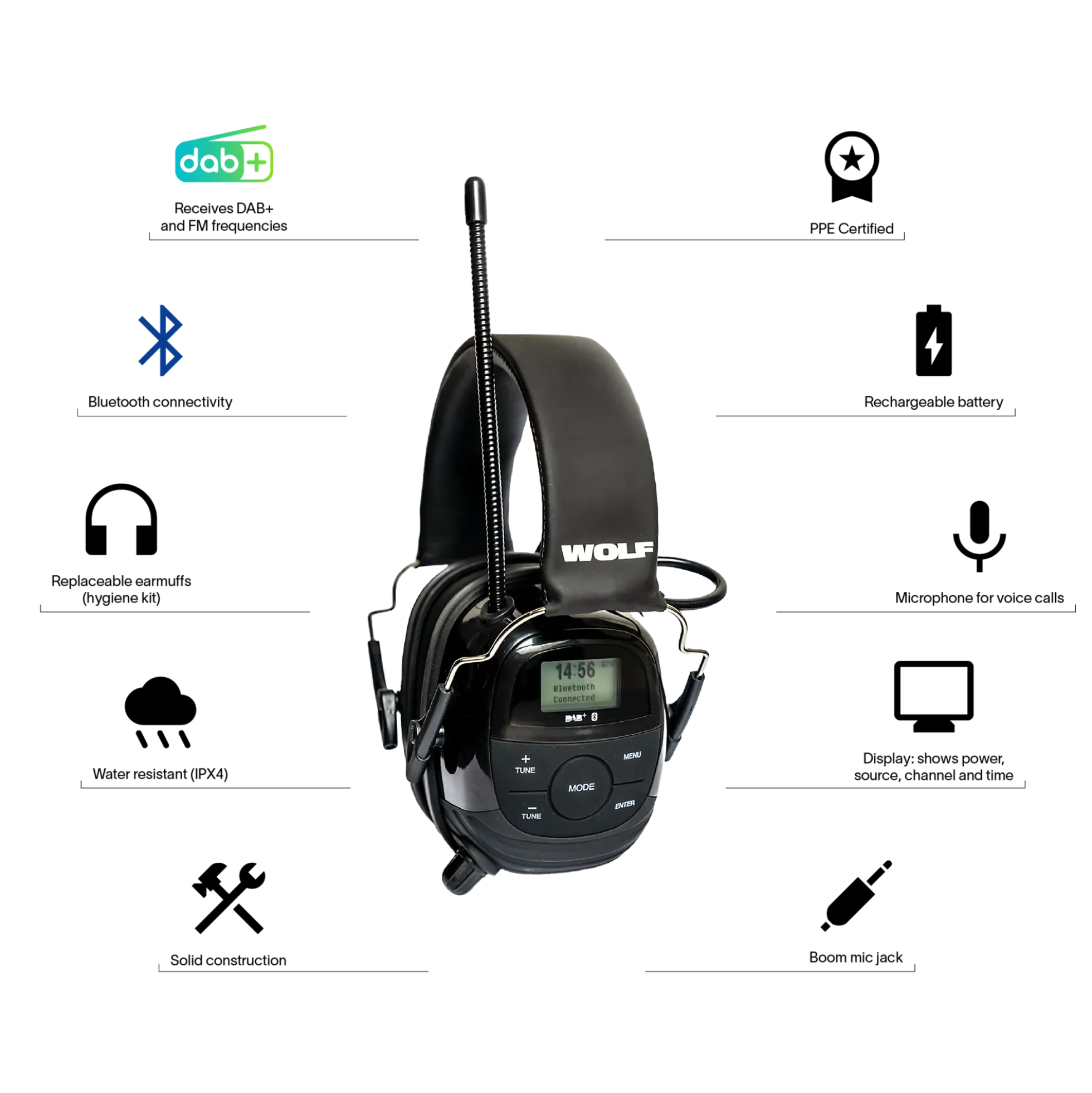 Headset Pro med bluetooth,DAB+, FM, Skjerm og mikrofon