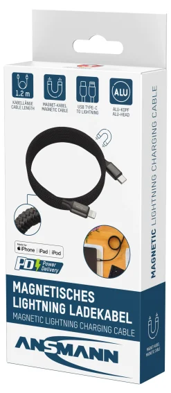 Ladekabel USB-C til Lightning med magnetisk opprulling 120cm