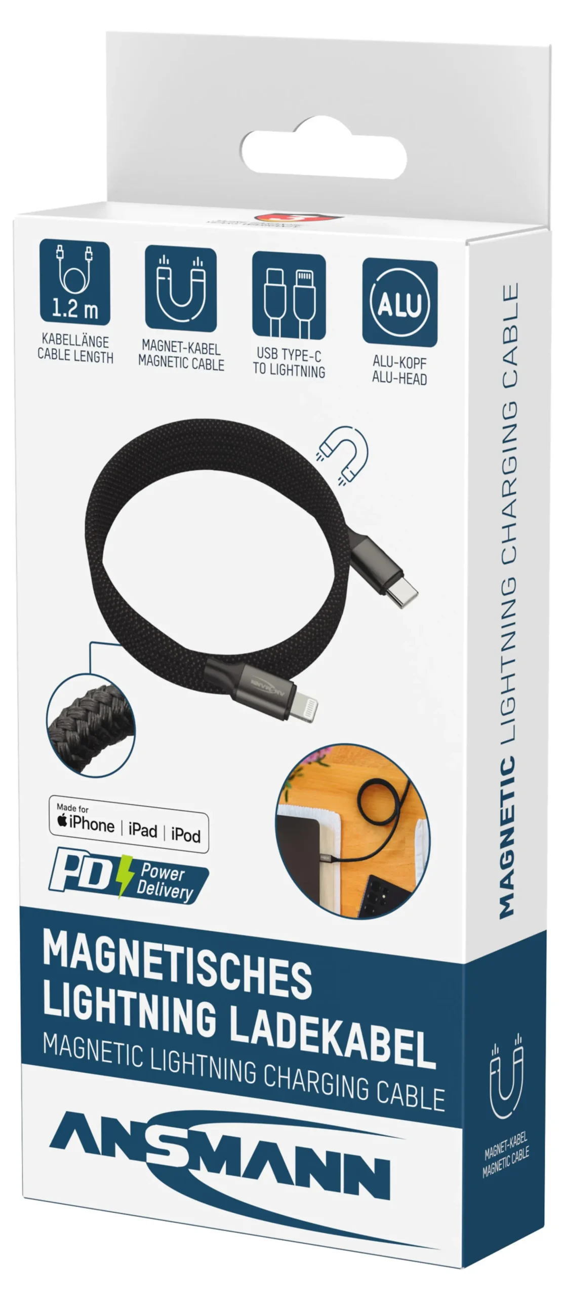 Ladekabel USB-C til Lightning med magnetisk opprulling 120cm