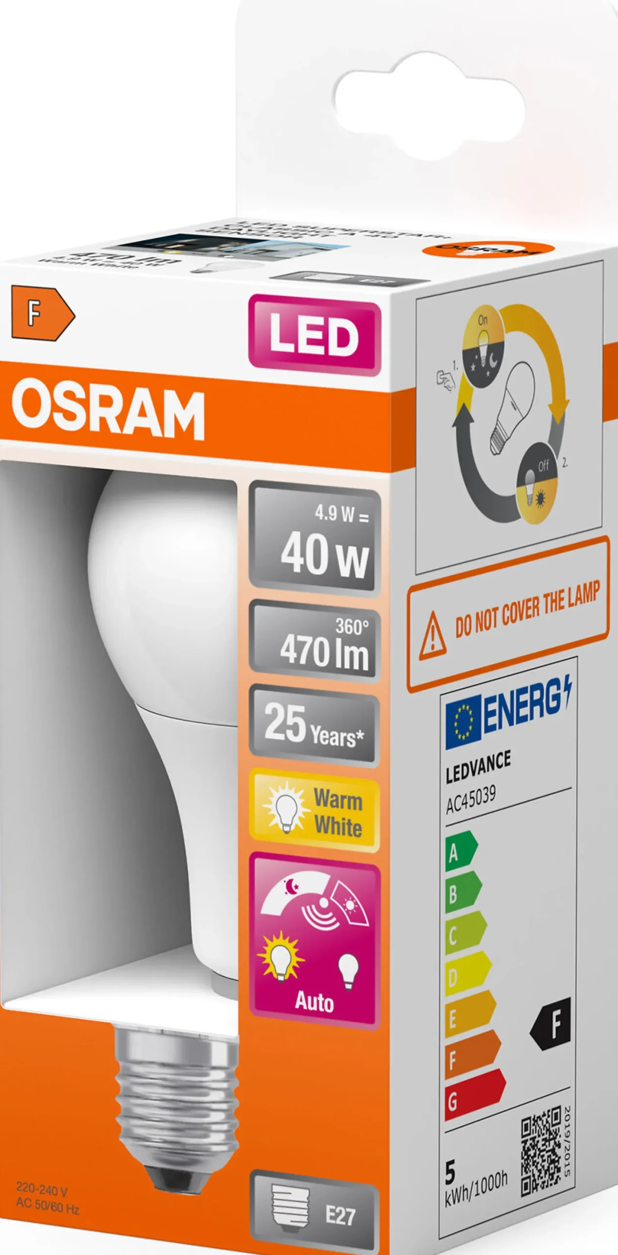 LED Classic A 40 6W 2700K daylight sensor E27