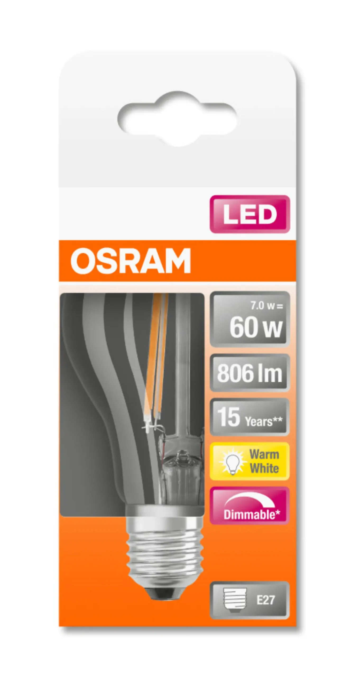 LED Classic A 60 7W 2700K klar dim E27