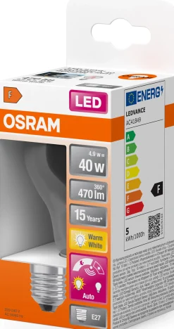 LED lyspære Classic A40 4,9W 2700K daylight sensor klar E27