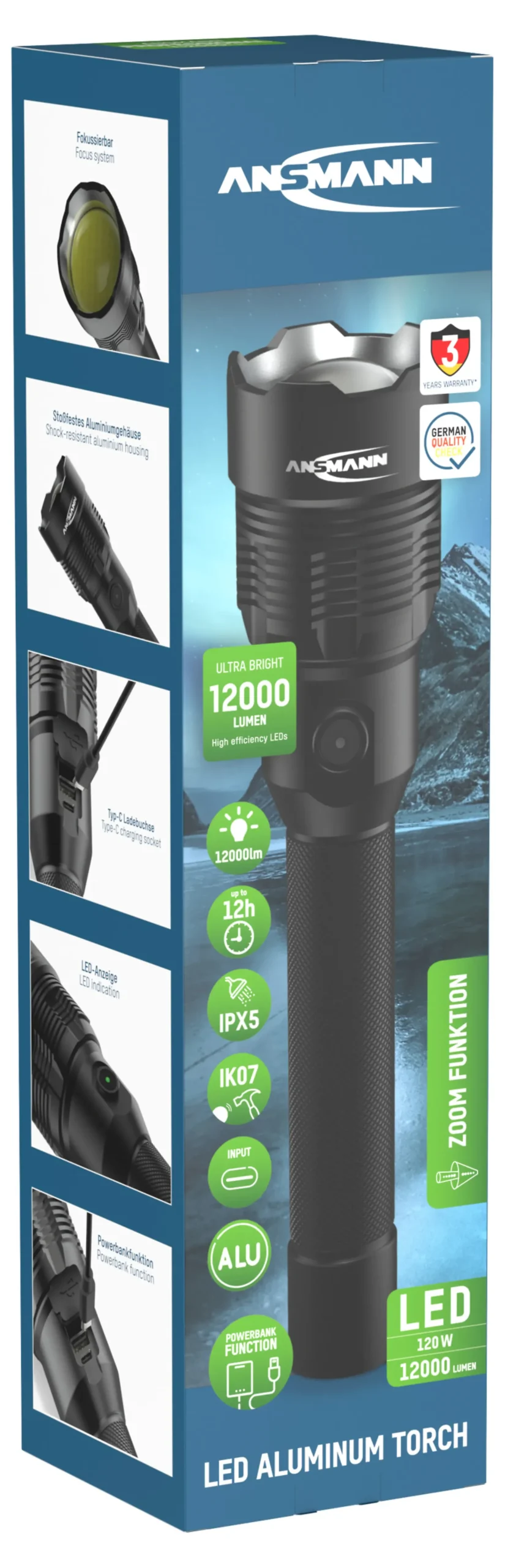Lommelykt oppladbar 12000lm IPX5