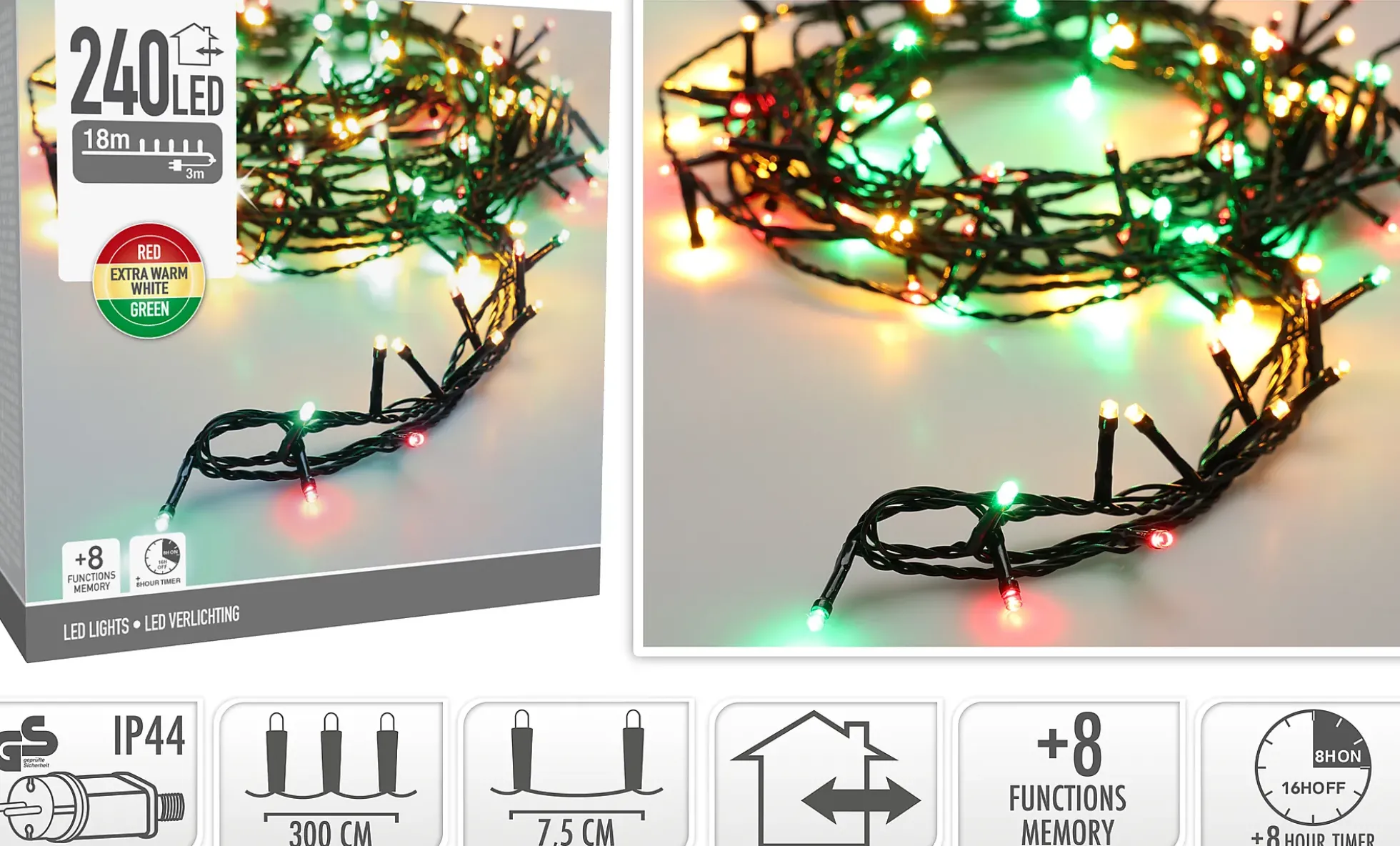 Lyslenke String 240ledlys 3 farger IP44 18m