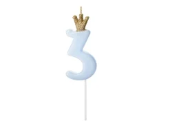 Nummerlys 3 Blå med Krone 9,5cm