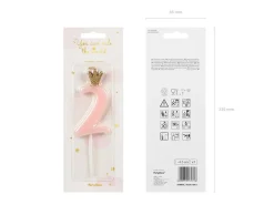 Nummerlys 2 rosa med krone 9,5cm