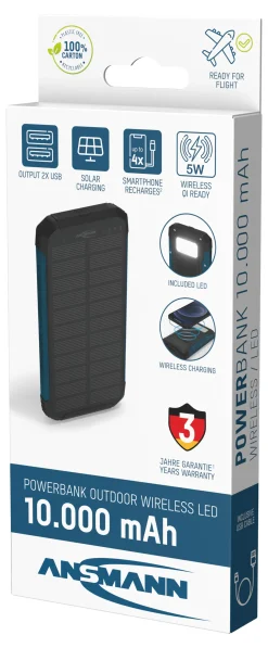 Powerbank 10000mah med ledlys og solcellepanel