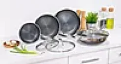 Stekepannesett hybrid med 3 stekepanner 1 Wok og 3 lokk