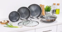 Stekepannesett hybrid med 3 stekepanner 1 Wok og 3 lokk
