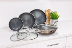 Stekepannesett hybrid med 3 stekepanner 1 Wok og 3 lokk