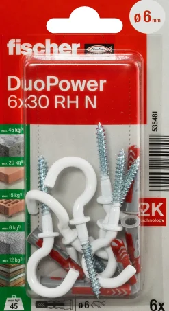 Universalplugg Duopower 6x30mm med krok 6 Stk