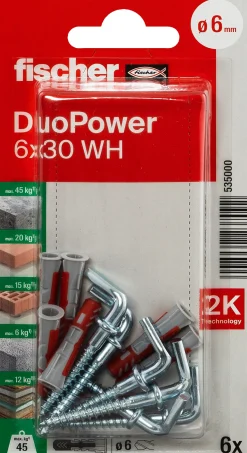 Universalplugg Duopower 6x30 WH BK 6stk med vinkelkrok